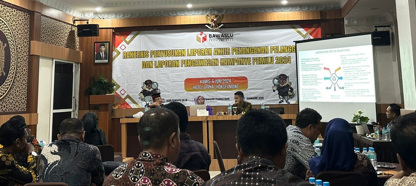 Bawaslu Se-Aceh mengikuti Rakernis Penyusunan Laporan Akhir, di Hotel Diana, Lhokseumawe, Kamis (6/6/2024). Foto:Ist
